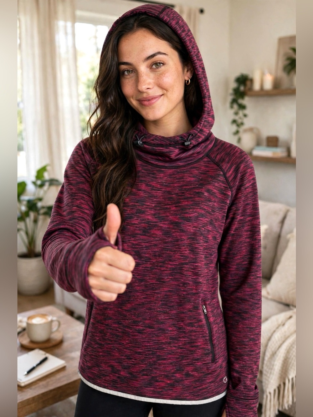 GAP Women Marled Magenta Hooded Cowl Pullover